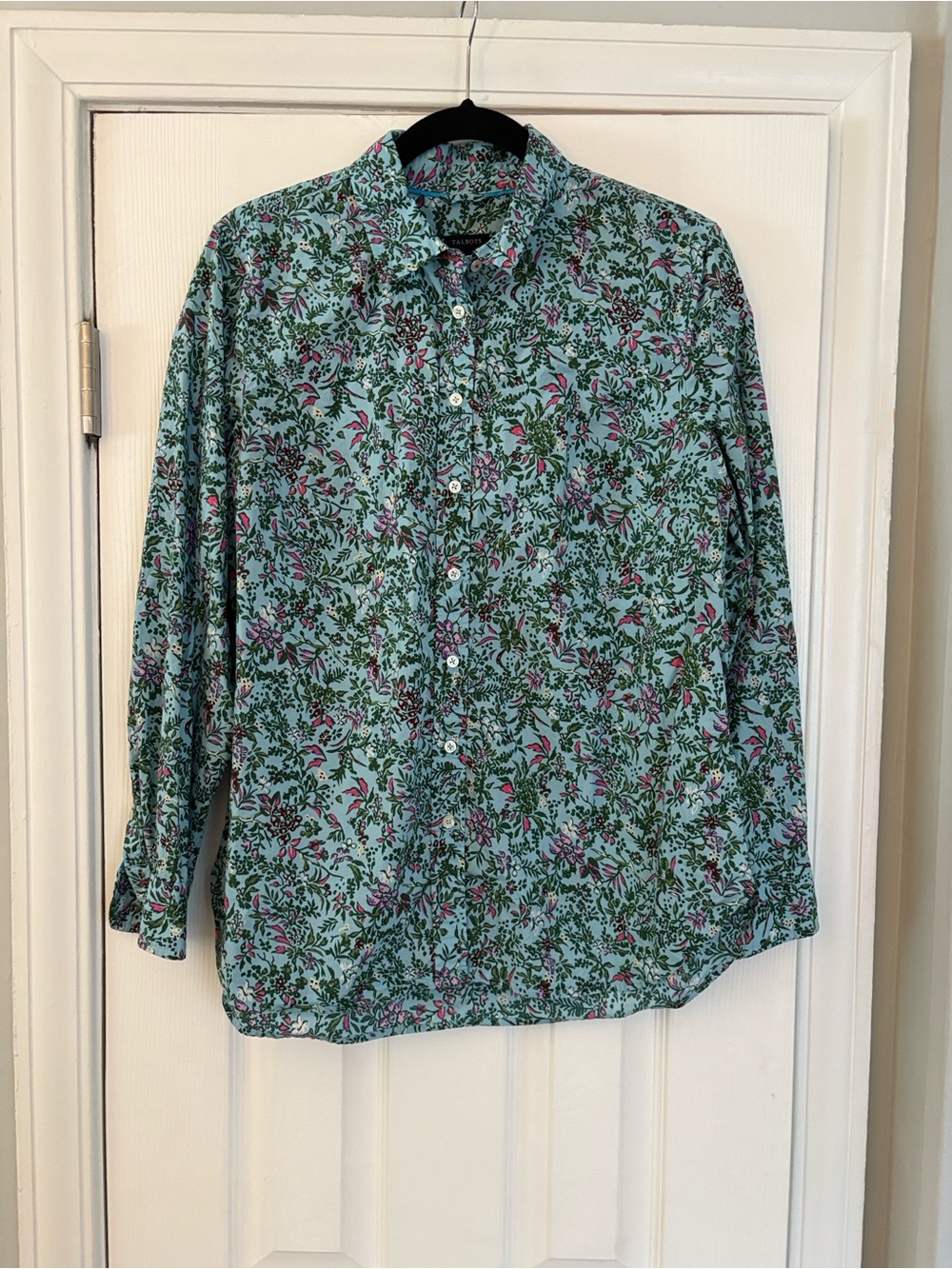 Talbots Vintage Floral Print Button Down Shirt Blouse Large L Blue Green Cotton